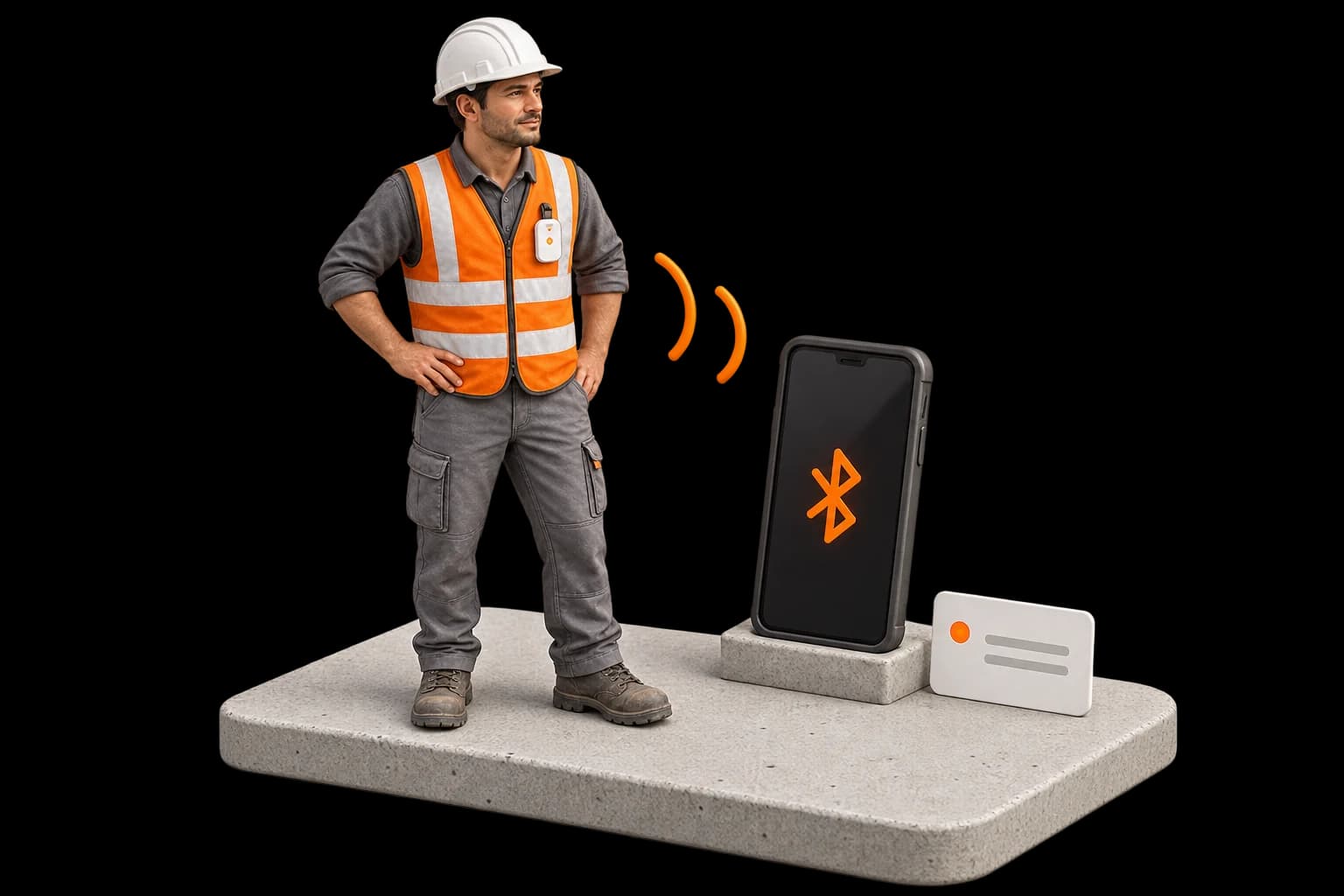 Yeleğinde küçük BLE cihazı taşıyan çalışan, sinyali alan telefon ve aynı beton tabandaki kayıt kartı maketi.