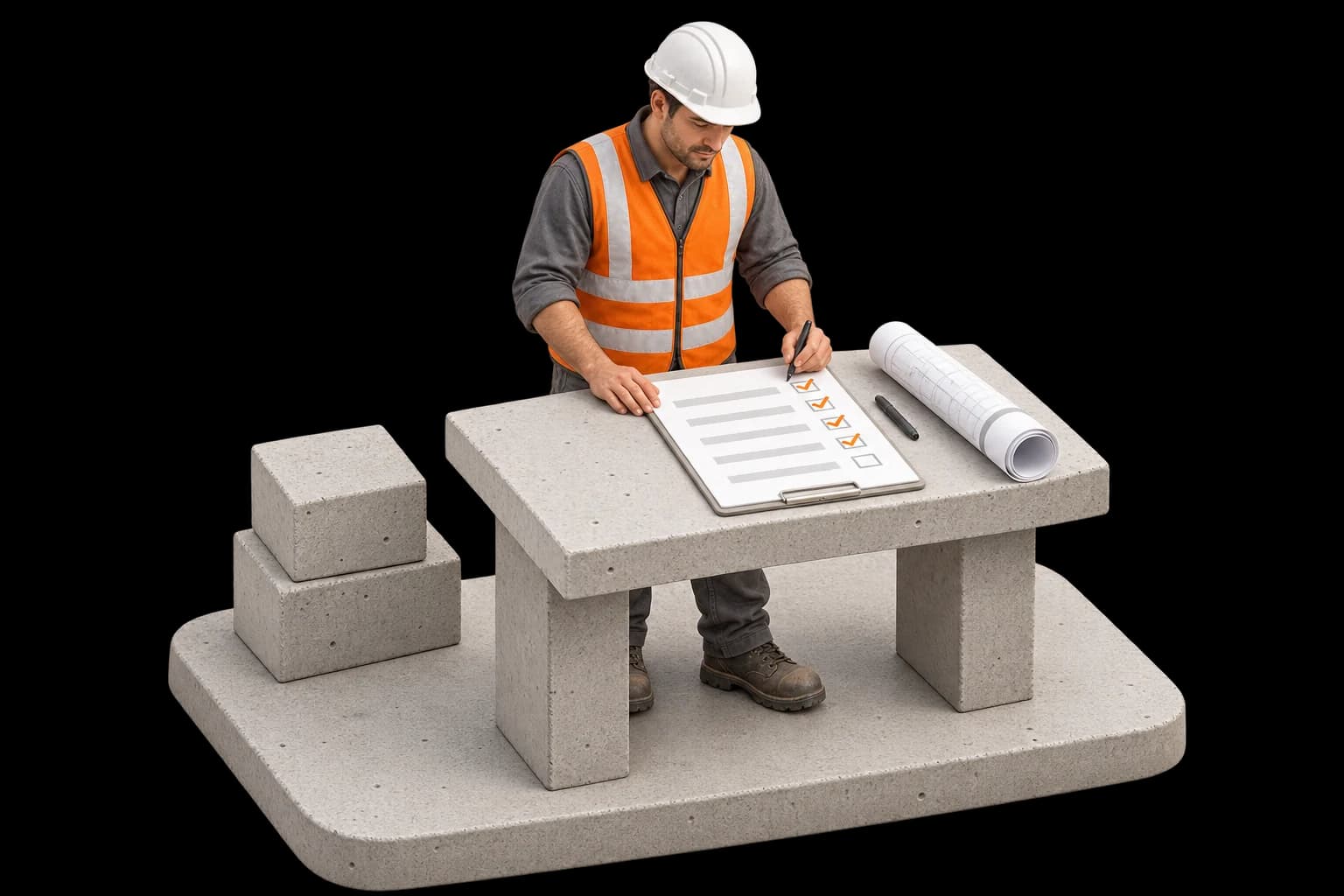 Beton çalışma masasında günlük rapor sayfaları, kalem ve kontrol yapan baretli saha sorumlusu.