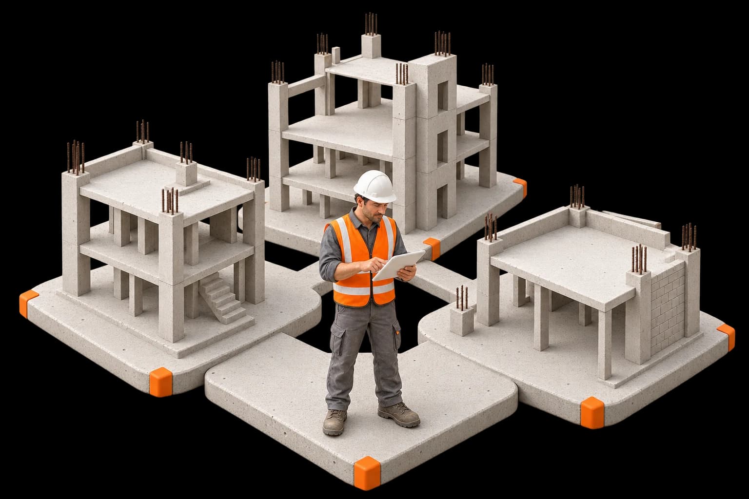 Üç ayrı beton yapı maketini aynı plan üzerinden değerlendiren saha yöneticisi.