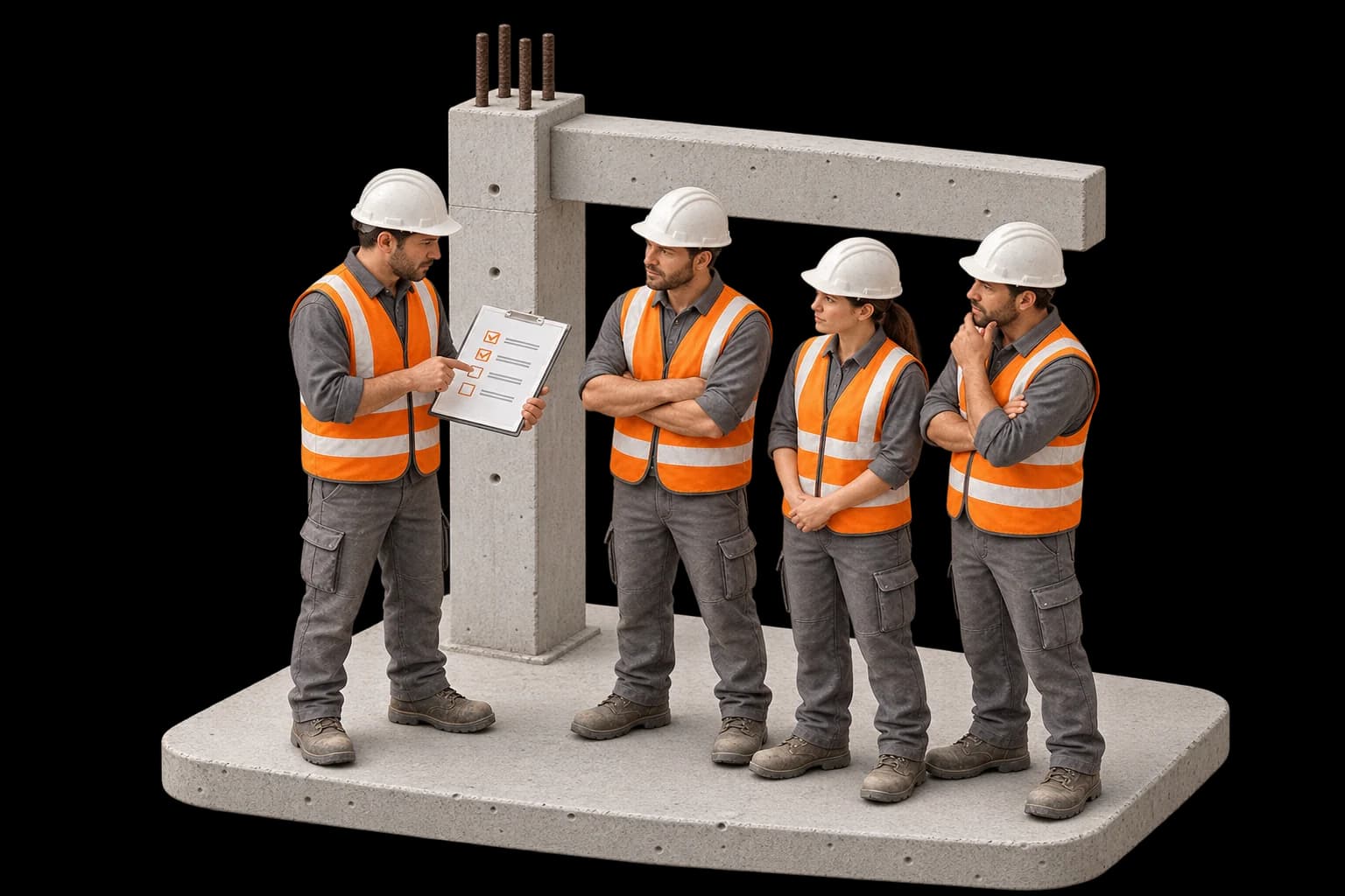 Beton maket üzerinde çalışan listesini kontrol eden ustabaşı ve üç kişilik saha ekibi.